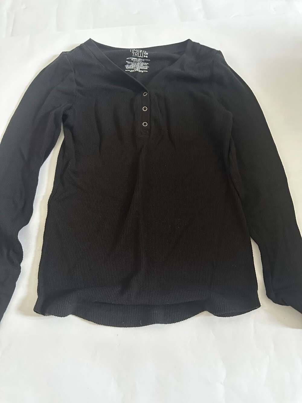 Time and Tru Black Ribbed Henley Long Sleeve Top Size S